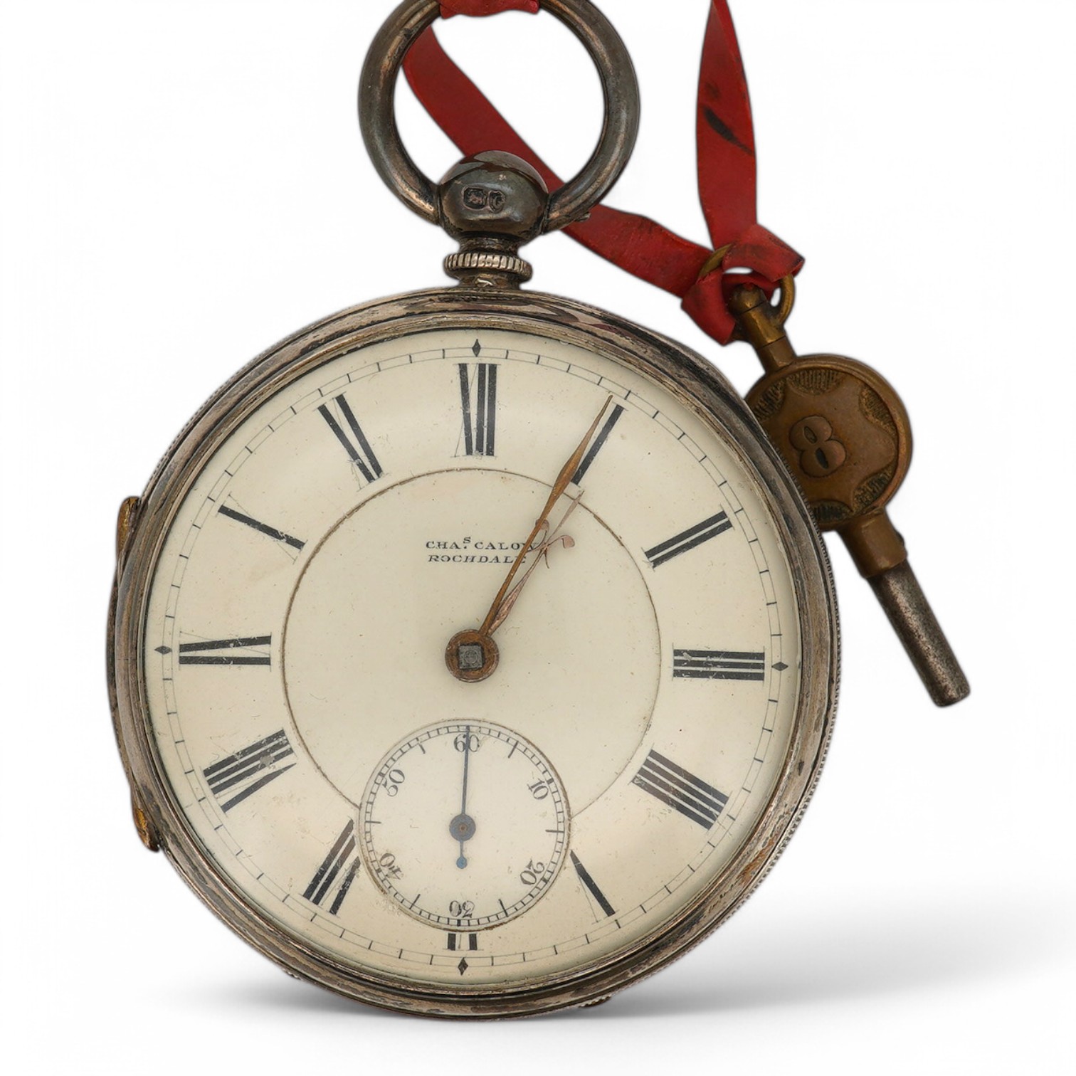 A Victorian silver open faced key wind pocket watch, by Charles Calow of Rochdale, with Roman dial and subsidiary seconds, the signed movement numbered 30716, with key. Condition - fair